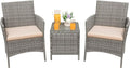 Greesum 3 Pieces Patio Furniture Sets Outdoor PE Rattan Wicker Chairs with Soft Cushion and Glass Coffee Table for Garden Backyard Porch Poolside, Gray and Beige