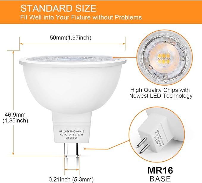 Mlambert 48 Pack MR16 LED Bulbs 50W Halogen Equivalent,2700K Warm White,5W GU5.3 MR16 12V Spotlight Bulb,Non-Dimmable,45° Beam Angle for Landscape