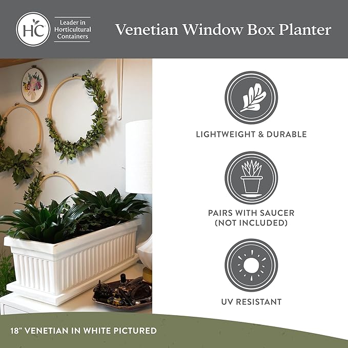 The HC Companies 30 Inch Venetian Window Planter Box with Drainage Plug, Lightweight UV-Resistant Plastic Indoor & Outdoor Planters, 2-Pack Flower Box for Garden & Home Decor, White