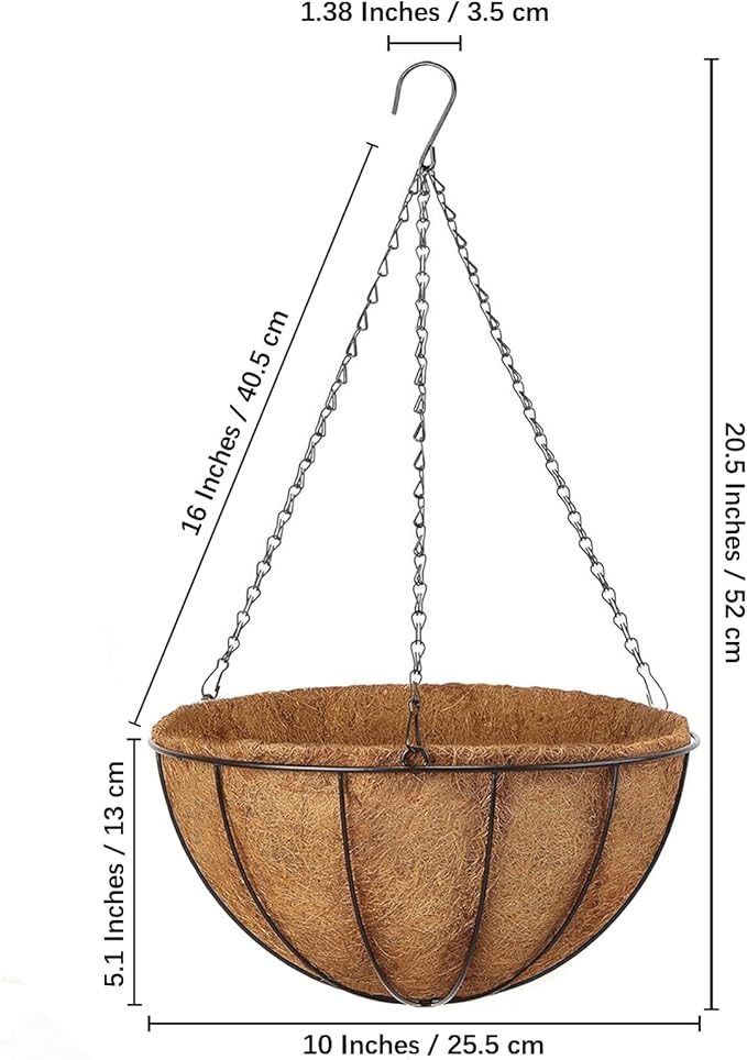 Hanging Baskets Planter for Plants - 2 Pack 10 Inch Metal Baskets with Coco Coir Liner, Hanging Flower Pots for Outside with Chain, Indoor Outdoor Garden Porch Decoration (10'' Pack of 2)