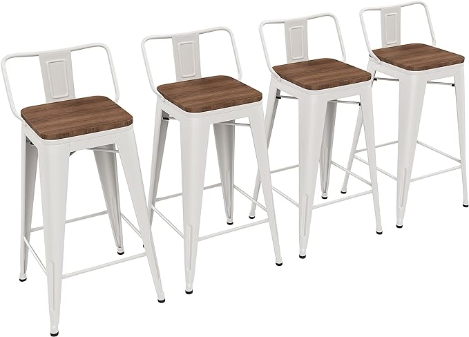 Yongchuang 26 inch Metal Bar Stools Set of 4 Counter Height Barstools Farmhouse Kitchen Bar Chairs with Wood Seat Low Back Cream White