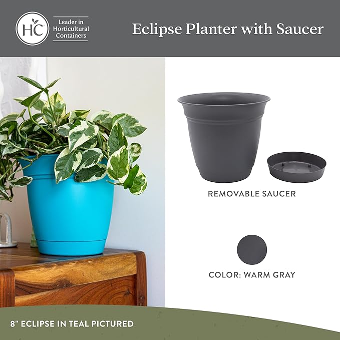 The HC Companies 12 Inch Eclipse Round Planter Pots with Drainage Holes & Attached Saucer, Lightweight UV-Resistant Plastic Indoor & Outdoor Planters, 2-Pack Flower Pots, Garden Home Decor, Warm Gray