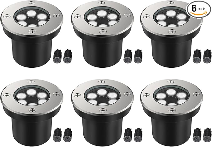 JESLED Landscape Lighting 6W LED Well Lights, 12V 24V Ground Lights 6000K Bright White, IP67 Waterproof Low Voltage Landscape Light Spotlight for Driveway Deck Patio Yard Garden Outdoor (6 Pack)