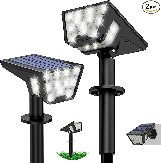 Solar Spot Lights Outdoor IP65 Waterproof, 53 LEDs Solar Powered Garden Yard Lights Outdoor 3 Modes Landscape Spotlight Wall Light with Auto On/Off for Driveway Porch 2 Pack (Cool White)