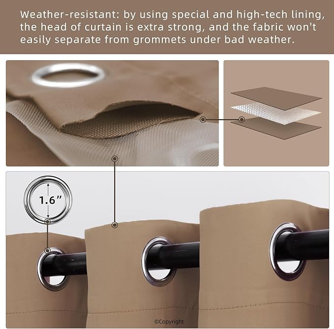 Waterproof Outdoor Curtain W105 x L84 - Grommet Top Sunlight Blocking Window Treatment Drapes Blackout Curtains for Home Bedroom Living Room Outdoor Patio Porch Gazebo (Camel Brown, 2 Panels)