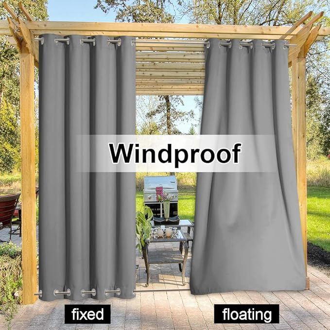 NICETOWN Outdoor Curtain Waterproof for Patio Extra Long, Windproof Thermal Insulated Top and Bottom Stainless Steel Grommets Blackout Outdoor Drape for Porch, Silver Grey, 1 Piece, W52 x L108