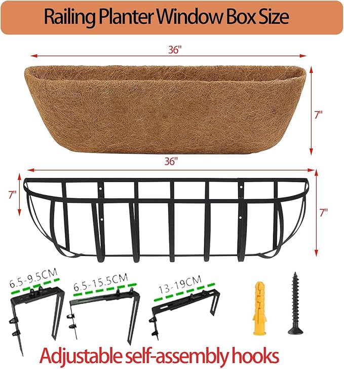 36'' Window Box Railing Planter with Coco Liner,2 Pack Horse Trough Planters Black Metal Hanging Flower Planters Basket for Porch Fence Patio Indoor Outdoor Lawn