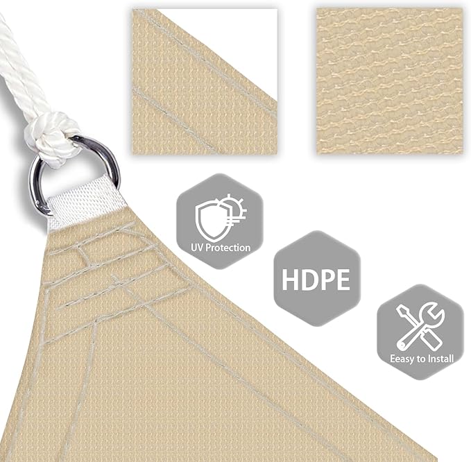 Patio Paradise 28' x 28' x 28' Sun Shade Sail Triangle Canopy Shade Cloth Fabric Sunlight Block Patio Pergola Cover HDPE Deck Awning for Outdoor Backyard Roof Shading, Sand