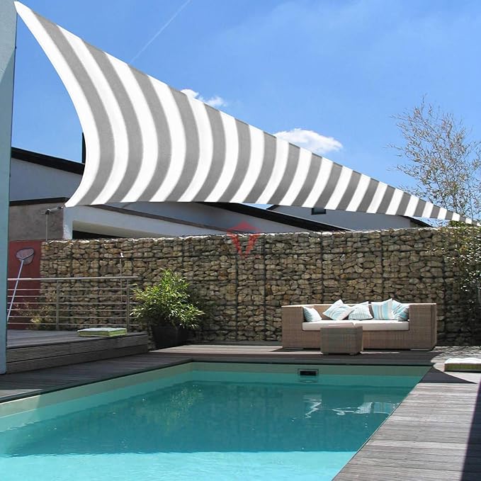 Patio Paradise 26' x 26' x 26' Sun Shade Sail Triangle Canopy Shade Cloth Fabric Sunlight Block Patio Pergola Cover HDPE Deck Awning for Outdoor Backyard Roof Shading, Gray White Strip