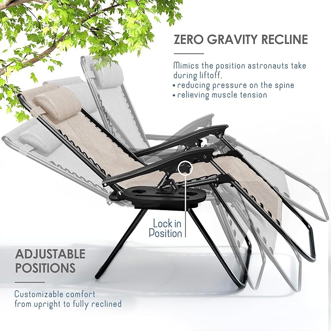 Nestl Zero Gravity Chairs, Portable Patio Lounge Chair Outdoor with Pillows & Cup Holder Trays, Adjustable Steel Mesh Reclining Camping Chair, Folding Patio Lawn Chair for Deck, Beach, Yard - Beige