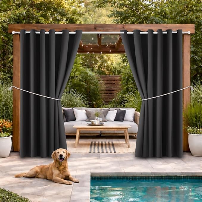 Waterproof Outdoor Curtain W84 x L120 - Grommet Top Sunlight Blocking Window Treatment Drapes Blackout Curtains for Home Bedroom Living Room Patio Pergola Cabana Gazebo (Dark Gray, 2 Panels)