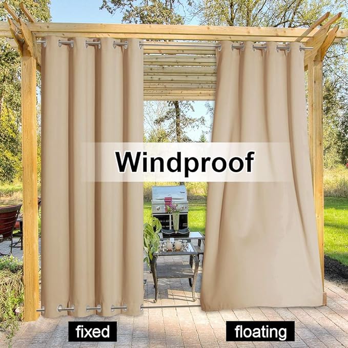 NICETOWN Outdoor Curtain for Patio Waterproof, Sunlight Block Rustproof Grommet Top and Bottom Windbreak, Thick Enough Protect You from Sun/Rain for Deck, Biscotti Beige, 52 Wide x 108 Long, 1 Piece