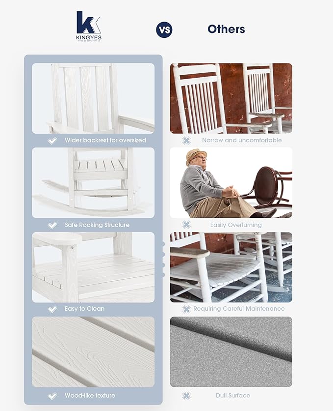 KINGYES Oversized Outdoor Rocking Chair, All-Weather Patio Rocking Chairs for Porch, HDPE Outdoor Patio Rockers with High Back & Wide Seat for Garden, Lawn, White