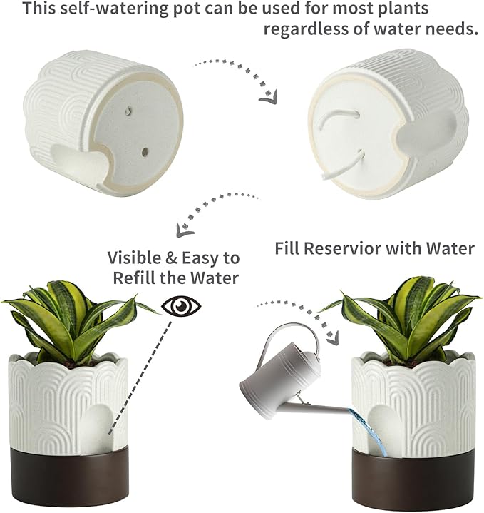 Nihow Self Watering Plant Pot: 8 Inch Ceramic Planter with Drainage Hole & Water Storage Plus - Relief Design Self Watering Pot for Indoor Plants - Beige & Brown Flower Pot