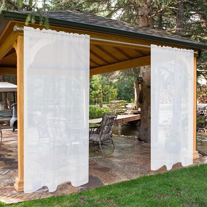 SpaceDresser Waterproof Outdoor Sheer Curtains for Patio - 2 Panels Rod Pocket Indoor Voile Sheer Curtain for Living Room,52W x 96L inch, White