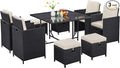 Yaheetech 9-Piece Patio Dining Sets, Outdoor Space Saving Rattan Chairs with Glass Table, Wicker Sectional Conversation Furniture Set with Removeable Cushions, Black/Beige
