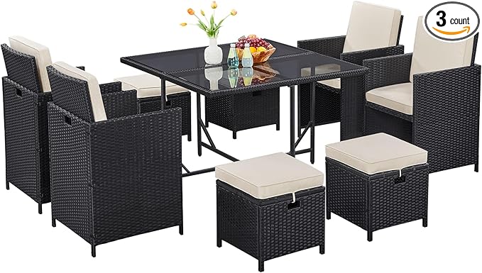 Yaheetech 9-Piece Patio Dining Sets, Outdoor Space Saving Rattan Chairs with Glass Table, Wicker Sectional Conversation Furniture Set with Removeable Cushions, Black/Beige
