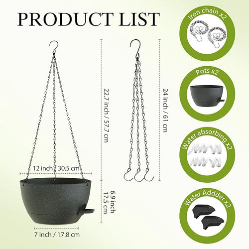 12 Inch Hanging Baskets 2 PC with Chains, Self-Watering Hanging Planters for Indoor Outdoor Plants, Plastic Hanging Flower Pots, Black with Green Speckles