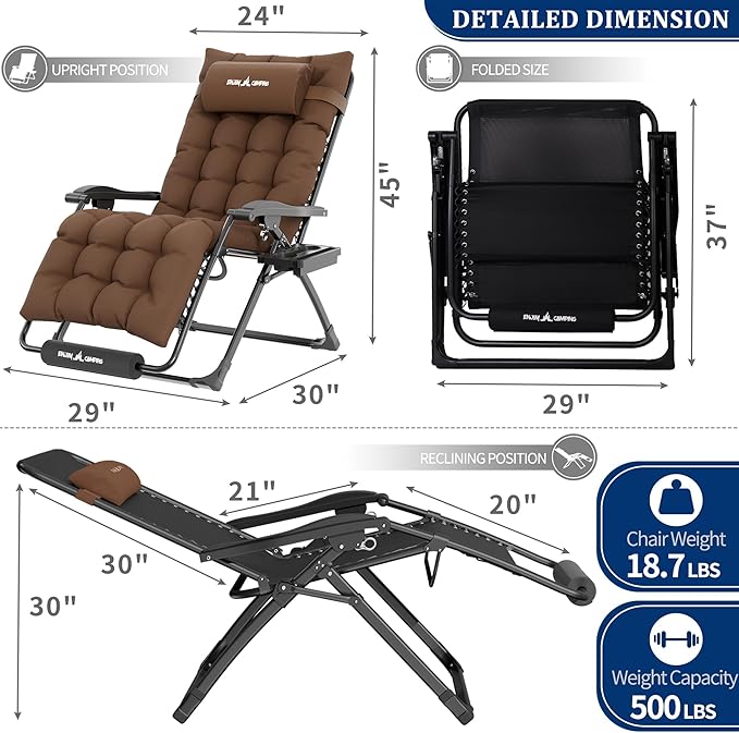 UDPATIO Oversized Zero Gravity Chair 29In XL Patio Reclining Chair with Cushion, Outdoor Folding Recliner with Pillows|Cup Holder|Foot Rest|Padded Headrest, Brown, Support 500LB