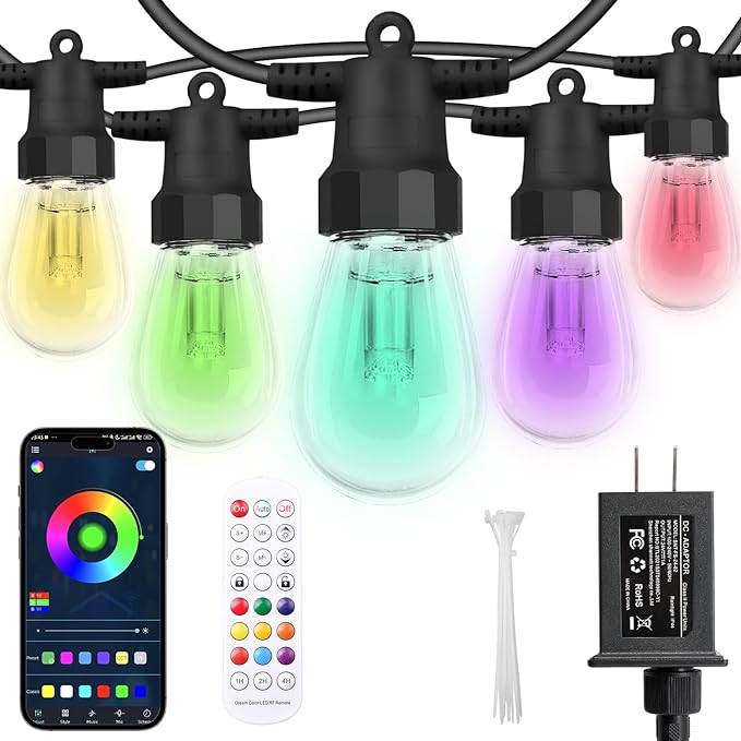 Outdoor String Lights 75FT, Outdoor Lights for Patio with 30 Dimmable RGBW LED Bulbs, IP66 Waterproof Shatterproof, with APP Control & Remote, 24V Adapter Color Change,for Backyard Decor