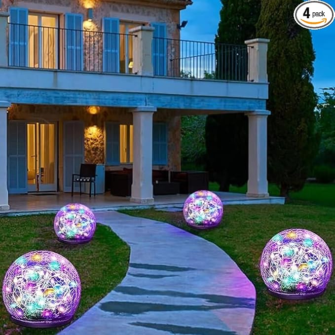 Solar Garden Lights, 4 Pack 120 LED Multicolor Cracked Glass Solar Outdoor Lights Decorative, Upgraded Waterproof Ball Lights for Yard Pathway Patio Lawn Christmas Outside Decor, 3.94