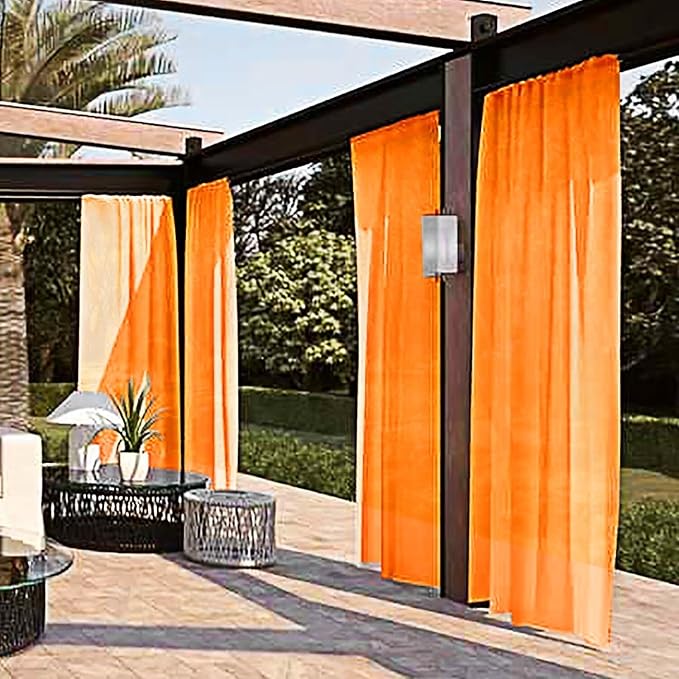SpaceDresser Waterproof Outdoor Sheer Curtains for Patio - 4 Panels Rod Pocket Indoor Voile Sheer Curtain for Living Room,52W x 108L inch, Orange