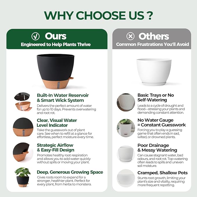 2 Pack 10 Inch Self Watering Pots - Water Level Indicator & Deep Reservoir, Mess-Free Planter for Busy People, Beginners & Gardeners, Fiddle Leaf Fig, Monstera, ZZ Plants, Indoor Outdoor Use (Black)