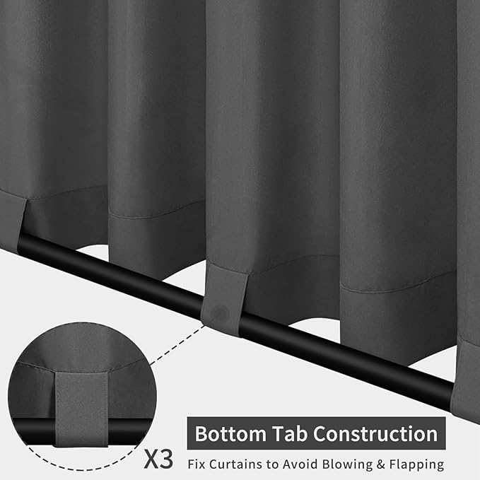 Easy-Going Outdoor Patio Curtains Detachable Tab Top Windproof Weatherproof Curtain for Cabana, Porch, Pergola and Gazebo, Tab Bottom Drape, 2 Panels, 54W x 96L inch, Gray