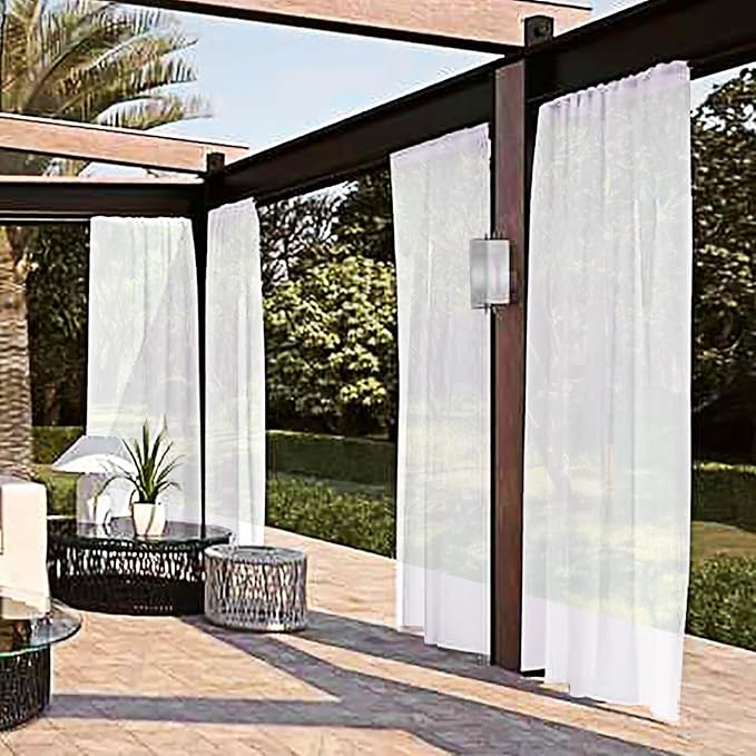SpaceDresser Waterproof Outdoor Sheer Curtains for Patio - 2 Panels Rod Pocket Indoor Voile Sheer Curtain for Living Room,100W x 120L inch, White