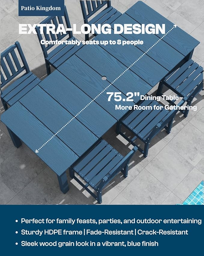 Navy Blue 9-Piece Outdoor Dining Set with Beige 11FT Cantilever Umbrella, 75.2'' HDPE Table & Chairs for 8, Weather-Resistant Furniture with Umbrella Hole for Patio, Lawn, Poolside