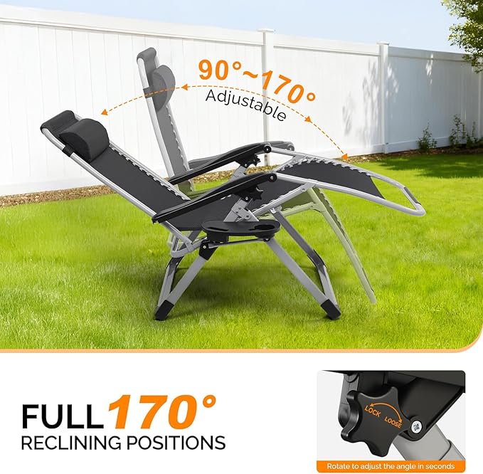 VINGLI Padded Zero Gravity Chair, Lounge Chair with Removable Cushion & Tray， Folding Reclining Patio Chairs， Recliner Chair for Lawn，Indoor Outdoor-Khaki