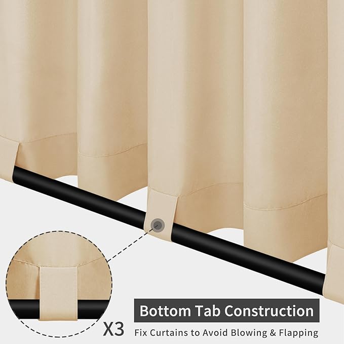 Easy-Going Outdoor Patio Curtains Detachable Tab Top Windproof Weatherproof Curtain for Cabana, Porch, Pergola and Gazebo, Tab Bottom Drape, 2 Panels, 54W x 96L inch, Beige