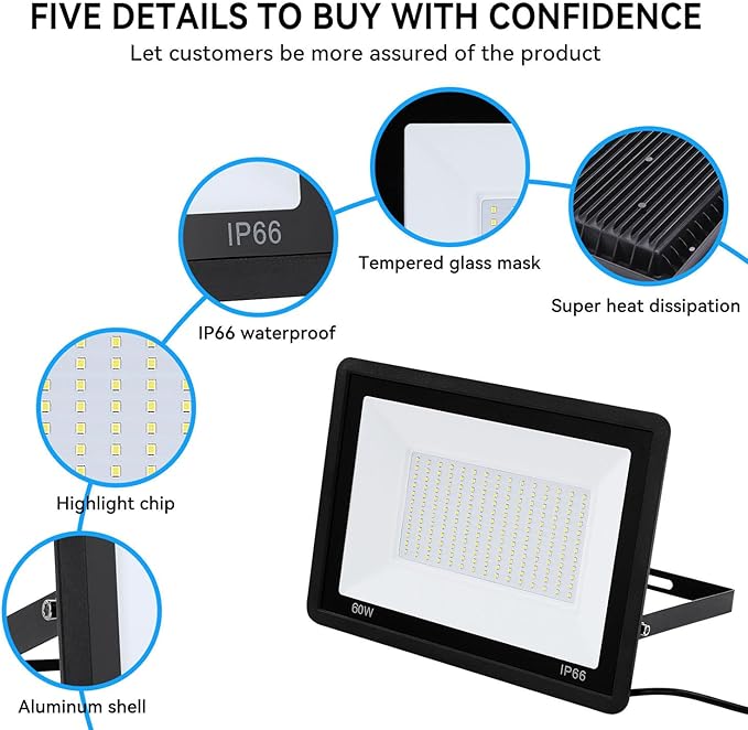 4Pack-60W LED Flood Light Outdoor,6600lm LED Work Light with 6FT US Plug,IP66 Waterproof Exterior Security Lights,6000K Daylight White Outside Floodlights Slim design for Playground Yard Stadium