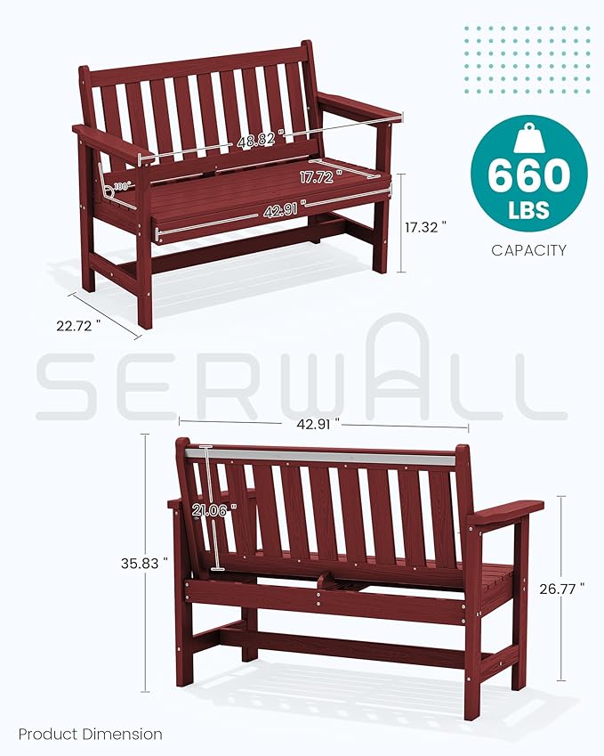 SERWALL Outdoor Bench, HDPE Outdoor Benches Weatherproof, 2-Person Garden Bench with 660 lbs Weight Capacity, Patio Benches for Outdoors, Garden, Porch, Backyard and Park, Red, 2 Pack