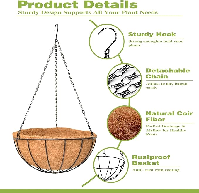 4 Pack 14 Inch Hanging Baskets for Plants Outdoor Metal Hanging Planter Hanging Flower Baskets with Coco Fiber Liners Chain Round Wire Plant Holder Hanging Flower Pots(Watermelon)
