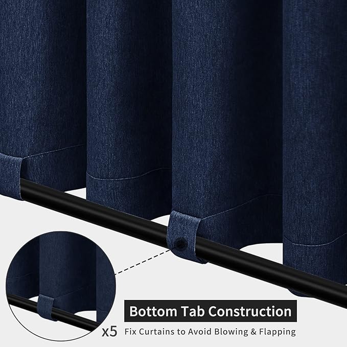 Easy-Going Linen Look Outdoor Curtains Waterproof Windproof Porch Curtains, Soft Thicken Outdoor Privacy Curtains for Patio, Gazebo, Grommet Top and Tab Bottom Drape, 1 Panel, 110x120 inch, Navy