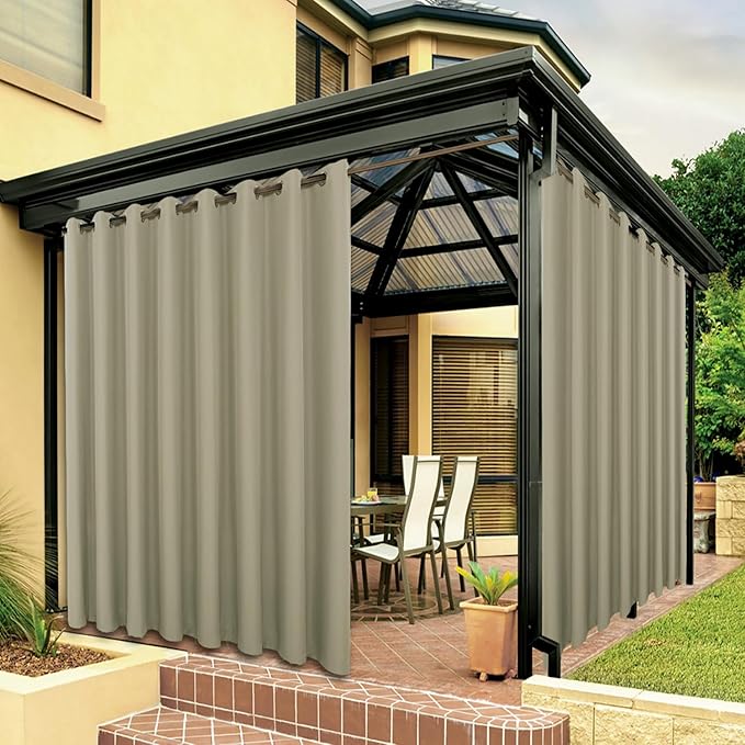 BONZER Extra Wide Waterproof Outdoor Curtains for Patio Heavy Privacy Light Filtering Grommet Outside Curtains for Porch, Pergola, Gazebo, 1 Panel, 150W x 95L inch, Taupe