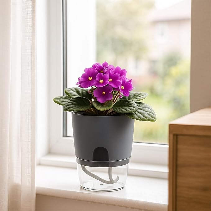 Planterhoma 8 Pack Self Watering Pots for Indoor Plants, 6 Inch Plant Pot Plastic Self Watering Planter for Orchid, African Violet, Small Clear Flower Pots with Drainage Holes and Wicking Rope, Gray