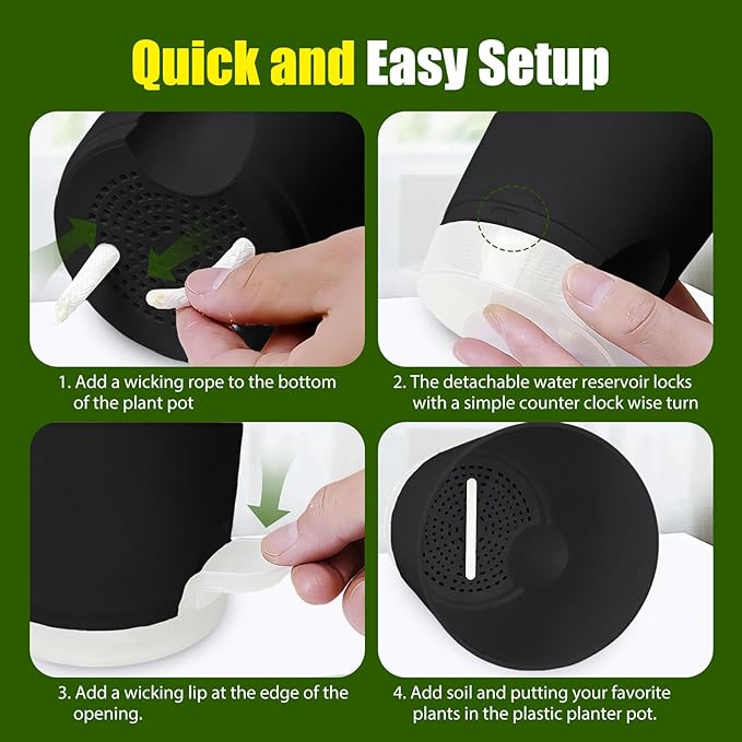 Plant Pots 8 Inch Self Watering Pots, 2 Pack Plastic Planters with Drainage Holes and Clear Saucers,Plastic Flower Pots for Indoor Out Door Plants (Black)