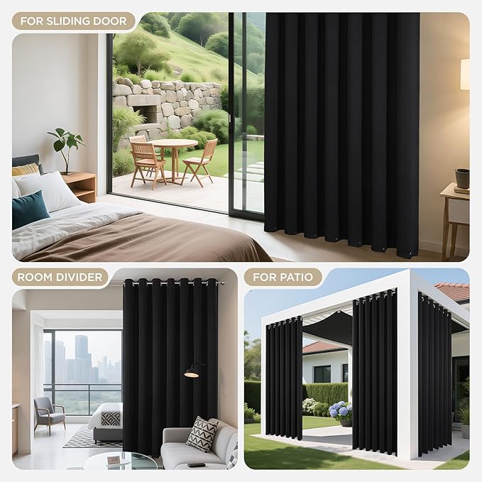 Joydeco Blackout Patio Sliding Door Curtains 84 Inches Long, Grommet Privacy Room Divider Curtains, Extra Wide Thermal Blackout Drapes for Bedroom Living Room (Black, 60Wx84L, 1 Panel)