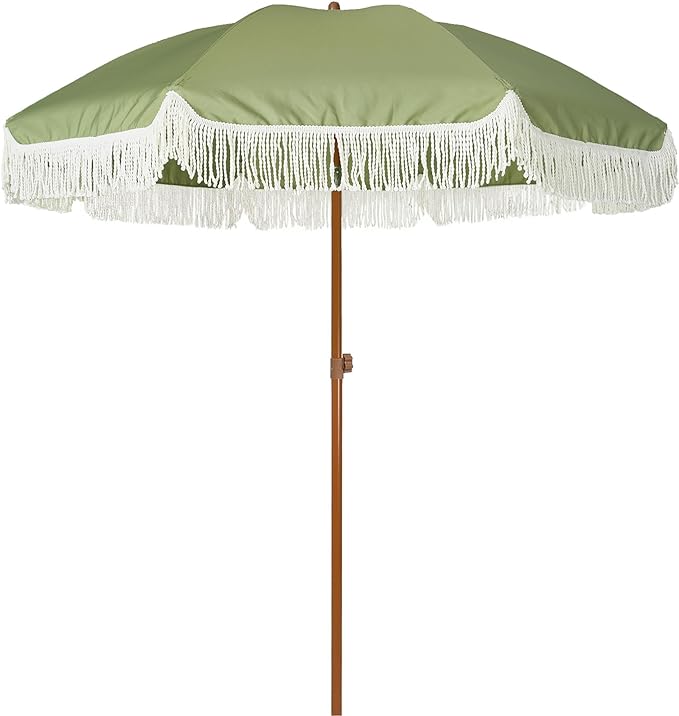 AMMSUN 7ft Patio Umbrella with Fringe Outdoor Tassel Umbrella UPF50+ Premium Steel Pole and Ribs Push Button Tilt, Sage Green