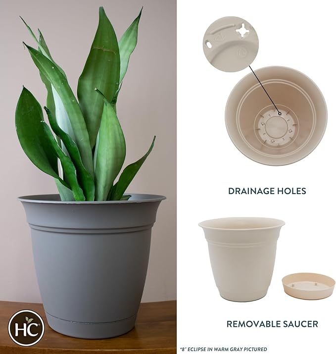 The HC Companies Eclipse Round Planter with Saucer - Outdoor & Indoor Plant Pot with Drainage Holes - Lightweight, UV-Resistant Plastic Pots for Plants, Flowers & Herbs (8" Cottage Stone, Pack of 1)