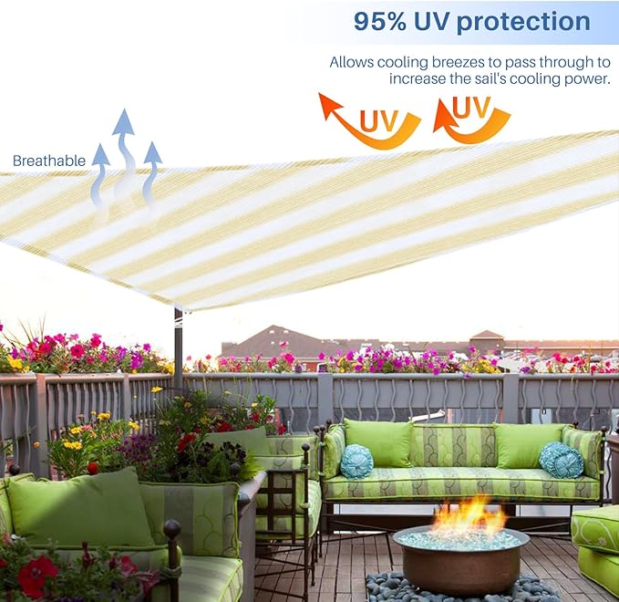 E&K Sunrise 15' x 15' x 15' Sun Shade Sail Triangle Canopy Shade Cover UV Block for Patio Backyard Garden Outdoor (Beige White Strip)