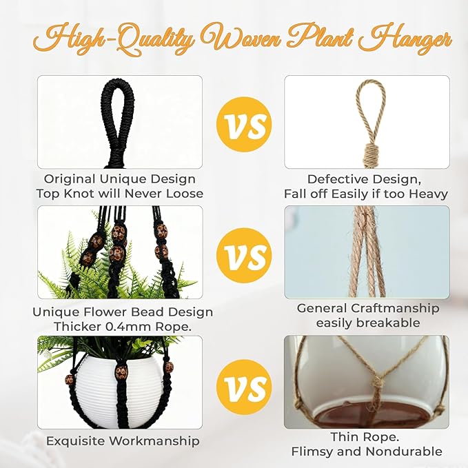 35 Inch Macrame Plant Hanger, Large for up to 15 Inch Pot Extra Long Hanging Planter Holder Basket with Wood Beads for Indoor Outdoor Home Decor (Black, 1-Pack)