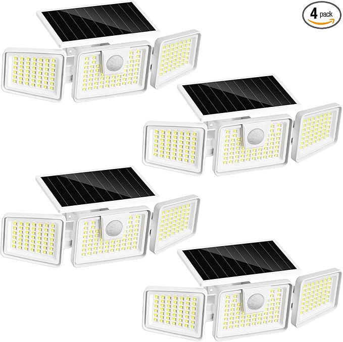 INCX Solar Lights Outdoor with Motion Sensor, 3 Heads Security Lights Solar Powered, 156 LED Flood Light Motion Detected Spotlight for Garage Yard Entryways Patio, IP65 Waterproof, White, 4 Pack