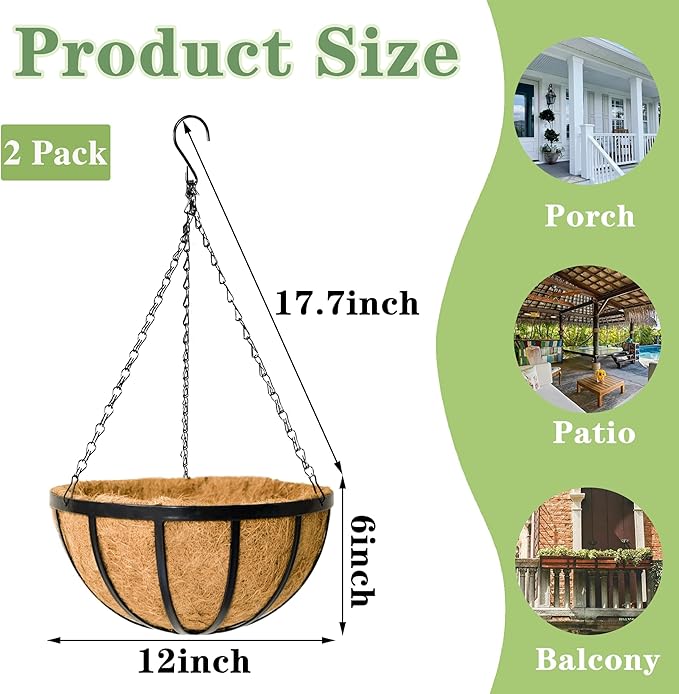 Black Flat Iron Metal Hanging Planter Basket with Coco Coir Liner(2 Pack, 12 Inch) Hanging Planters for Outdoor Plants Round Plant Flower Pots Hanging Flower Basket for Outdoor Patio Garden Decoration