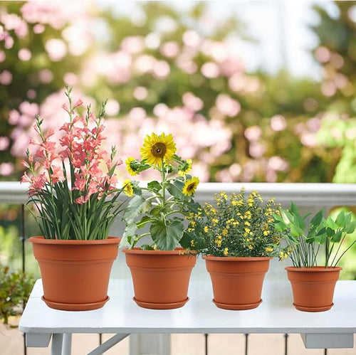 16 inch Plastic-Flower-Pot-for-Indoor-Plants, 4 Pack Large Outdoor Planter Pot with Drainage Holes & Saucers, Resin Decorative Garden Pots Planters
