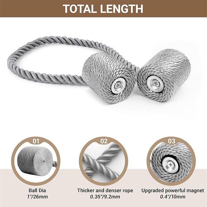 Hion Magnetic Curtain Tiebacks Grey 6 Pack, Curtain Tiebacks Buckles Holdbacks Holders Hooks Clip for Home Bedroom Office Decorative Thick or Thin Curtain