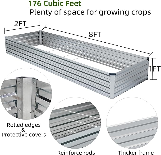 2 Pack 8x2x1FT Galvanized Raised Garden Bed Kit, Outdoor Metal Planter Box for Vegetables, Bottomless Rectangular Gardening Bed with Support Rods, Tool-Free Assembly, Silver