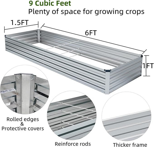 2 Pack 6x1.5x1FT Galvanized Raised Garden Beds Kit Outdoor Metal Gardening Planter Box for Vegetable Elevated Flower Herbs,Silver